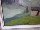 a painting of a mountain scene with a cabin in the foreground