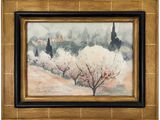 une image d'un tableau représentant un paysage avec des arbres et des bâtiments
