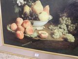 a painting of fruit on a table with a basket of flowers