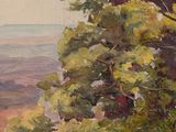 an oil painting of a tree in a field with a mountain in the background