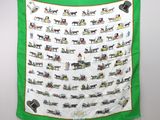 an image of a green scarf with a picture of horses and carriages on it