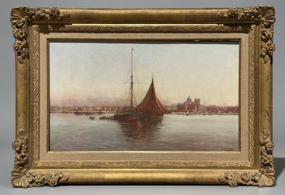 an image of a painting of a sailboat in a body of water