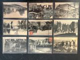 several black and white photos of a bunch of people on a train
