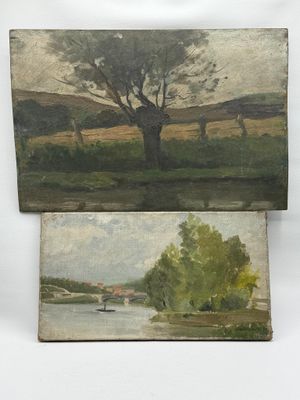 deux tableaux représentant une rivière et un arbre sur fond blanc