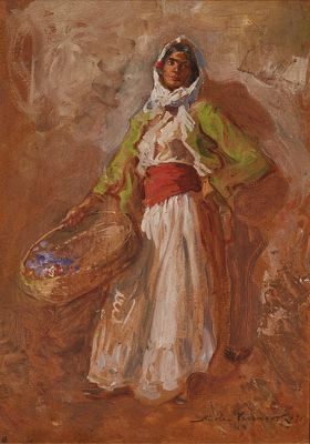 an image of a painting of a woman with a basket of flowers