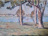 a painting of some trees in a field by the water