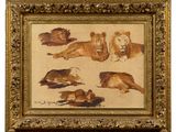 an image of a painting of a group of lions laying on the ground