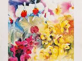 watercolor painting of colorful flowers in a vase on a table
