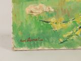 a painting of a sheep in a field with yellow flowers