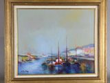 an oil painting of a harbor scene with boats in the water
