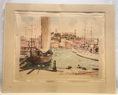 a picture of a painting of a boat in the water