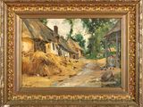 an image of a painting of a village with a dirt road in the foreground