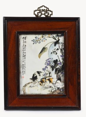 chinese painting of birds and flowers in a wooden frame on a white background