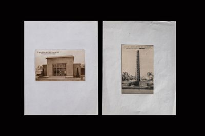 two old photos of a building with a clock tower in front of it