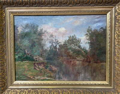 an oil painting of a river scene with cattle grazing in a field
