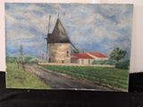 une peinture à l'huile représentant un moulin à vent dans un champ, avec un chemin de terre devant