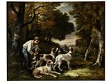 une image représentant un tableau où l'on voit un homme avec des chiens dans un environnement boisé