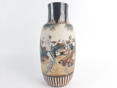 a vase with a painting on it on a white background