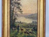 tableau représentant un paysage avec des moutons et un homme dans un champ