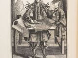 a black and white drawing of a man sitting at a table