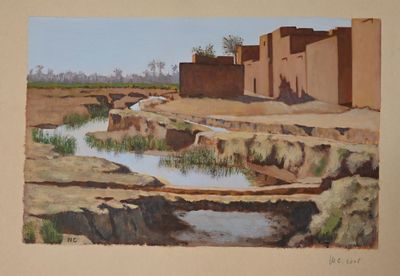 un tableau représentant un petit ruisseau traversant un désert
