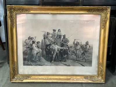 une vieille photo montrant un groupe de personnes à bord d'une calèche