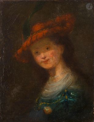 un tableau représentant une femme portant un chapeau rouge et une robe bleue
