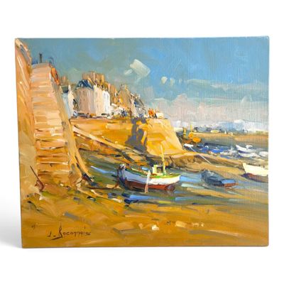 a painting of a painting of a boat on the beach