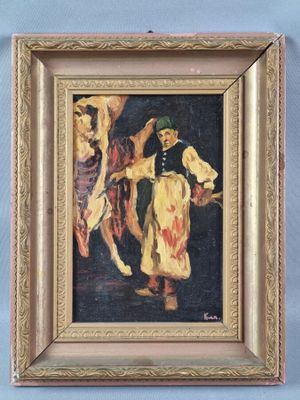 painting of a woman in a yellow dress and a man in a green hat