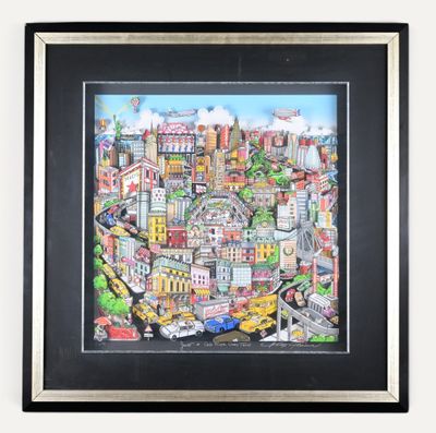 tableau représentant une vue de ville avec de nombreux bâtiments et des voitures