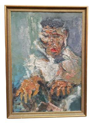 an oil painting of a man in a white shirt holding a cat