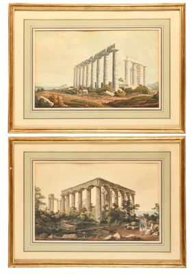 paire d'aquarelles du XIXe siècle représentant des ruines romaines
