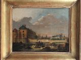 une peinture à l'huile représentant une scène de vie rurale, avec un homme à cheval au premier plan et un bâtiment à l'arrière-plan