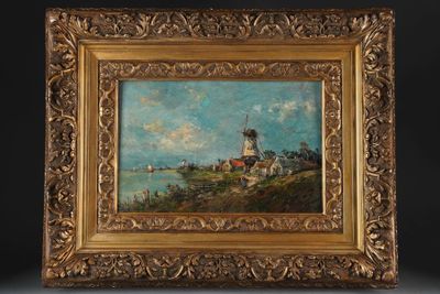 (02B). Ecole hollandaise du XIXe siècle. Paysage aux Moulins…