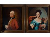 pair of portraits of a gentleman and a woman with a knife