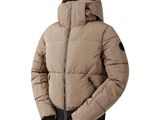 the jacket is tan and black with a hood on it