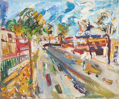 une peinture à l'huile représentant une rue de la ville avec des voitures et des bâtiments