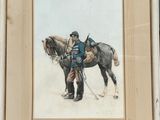 tableau représentant un homme à cheval avec un chien sur le dos