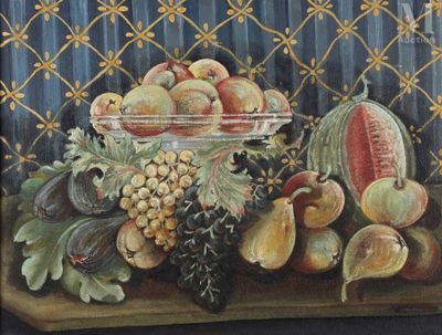 une peinture représentant une coupe de fruits sur une table