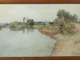 an image of a painting of a river with a bridge over it