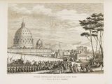 a drawing of a large crowd of people standing in front of a building