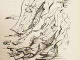 an image of a black and white drawing of a boat in the water