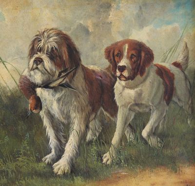 un tableau représentant deux chiens dans un champ, un bâton dans la gueule