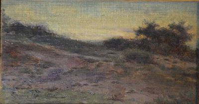 une peinture à l'huile représentant un chemin de terre avec des arbres au loin