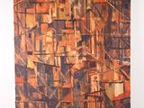 abstract painting of a cityscape in brown, orange, and red