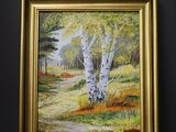 une peinture à l'huile représentant un sentier traversant une forêt, avec des arbres en arrière-plan