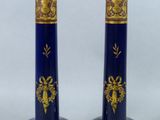 une paire de vases bleus ornés de motifs dorés sur les côtés