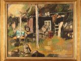 an oil painting of a shed with clothes hanging out to dry