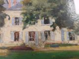 painting of a large white house with blue shutters and a green lawn