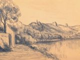 dessin représentant un paysage avec une rivière et un arbre au premier plan